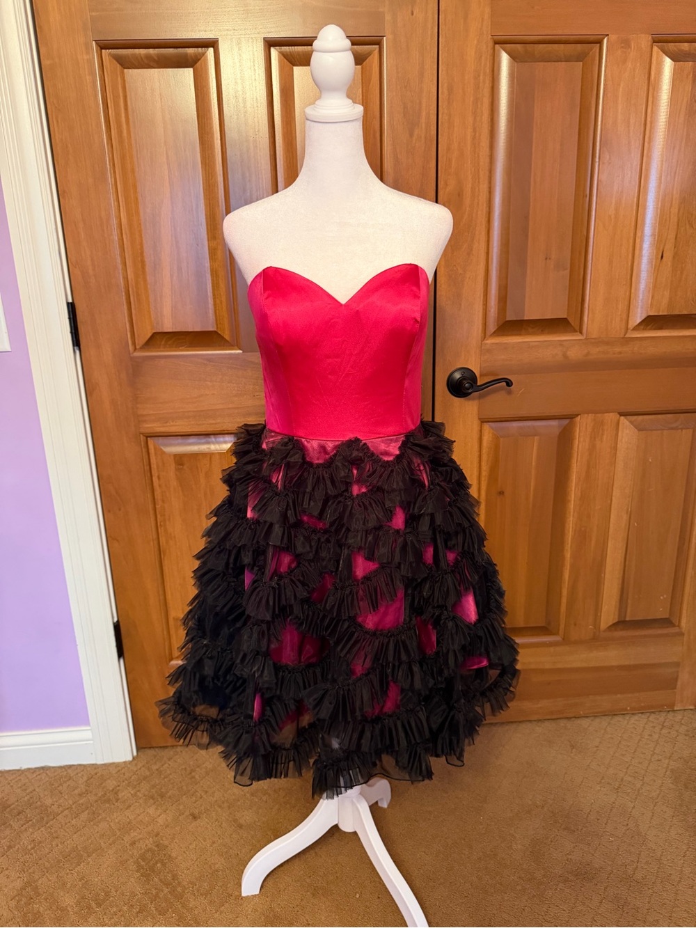 Party Time Pink Strapless with Black Ruffle Mini Dress Size 8